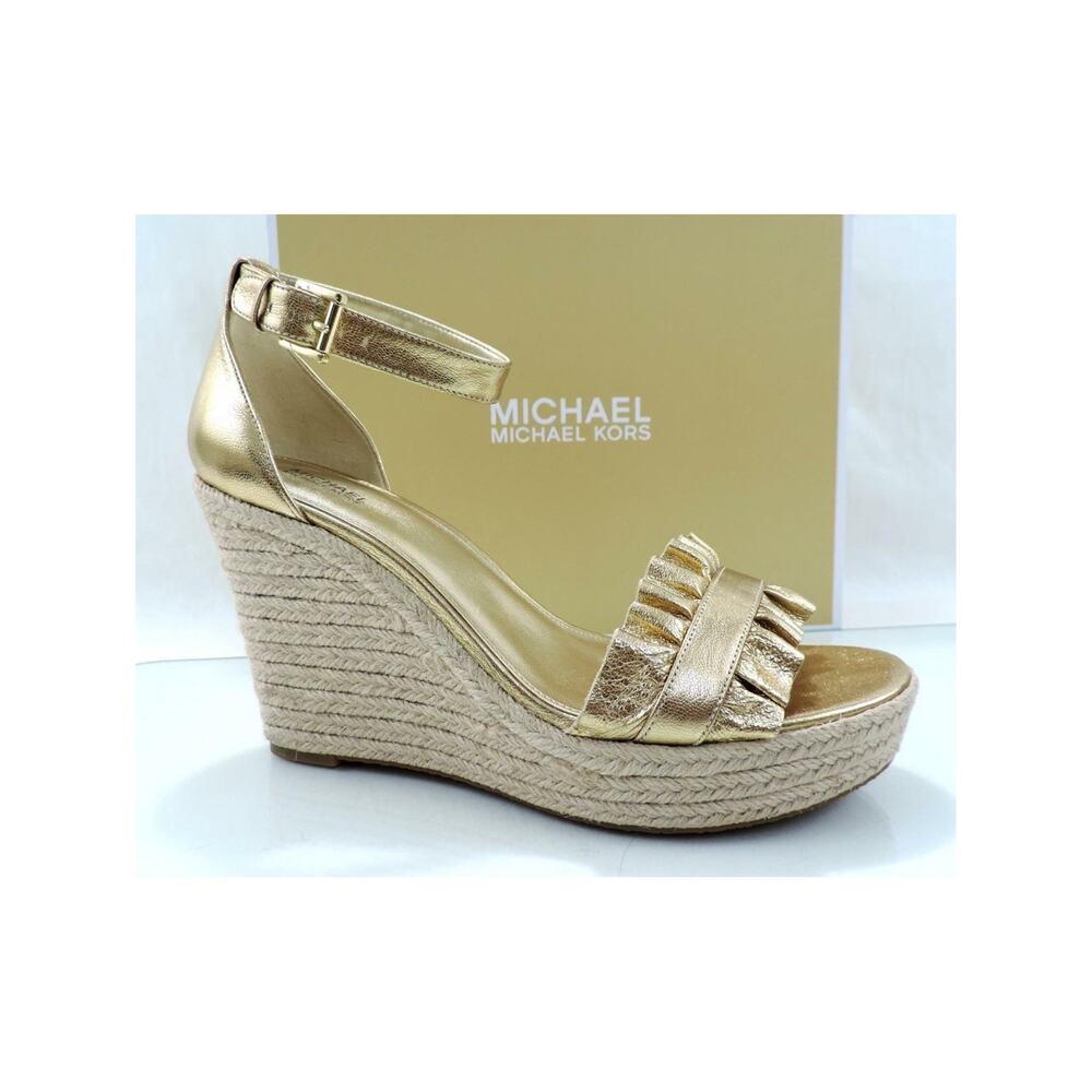 Michael Kors Bella Wedge Espadrille Sandals Metallic Leather Pale Gold Size 9.5
